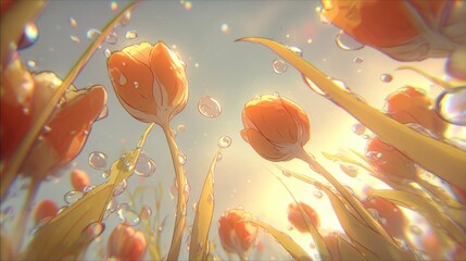 Close up of vibrant orange tulips with water droplets capturing beauty of spring