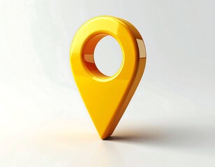 A 3D rendered, shiny, bright yellow, location pin icon, slightly angled, on a white gradient background, minimalist