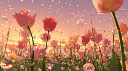 Close up of pink tulips in a field with floating water droplets soft sunlight