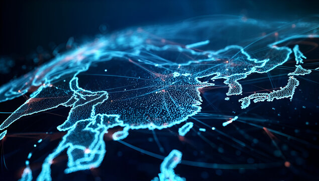 Futuristic map of Asia with glowing connections representing digital networks and data exchange.