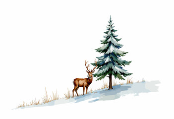 Obraz premium Majestic deer standing gracefully beside a snow-laden evergreen tree on a gentle winter slope, capturing the serene beauty of a tranquil, frosty landscape