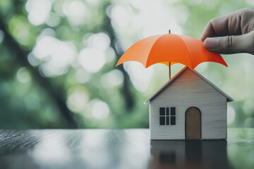 Hand holding small orange umbrella sheltering a wooden house model symbolizing home insurance, protection and financial security