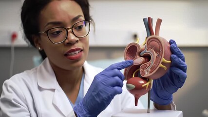 Female Scientist Explains Human Anatomy Using a Detailed Model in a Laboratory Setting.
