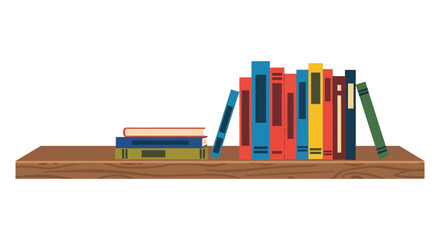 A wooden shelf displays a collection of books in various colors and sizes.