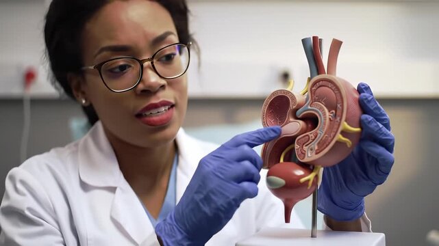 Female Scientist Explains Human Anatomy Using a Detailed Model in a Laboratory Setting.