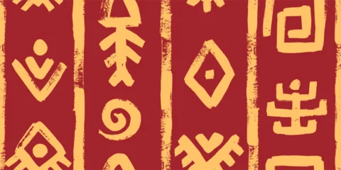 Fototapeten Afrikanische Motive Seamless vector pattern with yellow on red bg fish bone, arrow, rhombus, eye and arrow motifs of african and mexican aztec art. Ethnic tribal texture for decorative background and textile design.  © A_Y_N