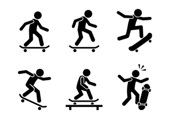 Skateboarding Silhouette Vector Set, Stickman Performing Tricks and Freestyle Moves. Minimal Black Sport Icons for Activity, Urban Style, and Motion Design.