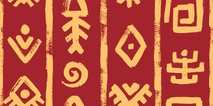 Seamless vector pattern with yellow on red bg fish bone, arrow, rhombus, eye and arrow motifs of african and mexican aztec art. Ethnic tribal texture for decorative background and textile design.