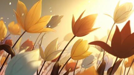 Close up of animated flowers in varying shades of orange and yellow against a bright background