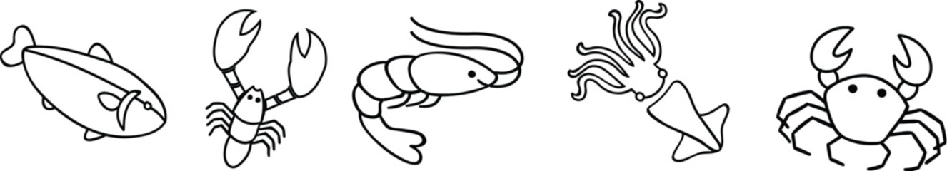 Set of Seafood creatures illustration black vector outline.