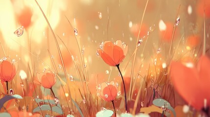 Close up of orange stylized flowers amidst a field showcasing a dreamy atmosphere