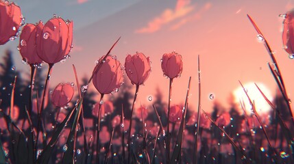 Close up of pink tulips against a sunset sky with water droplets and meadow details
