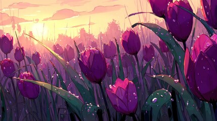 Close up of vibrant purple tulips with water droplets growing in a field during sunrise