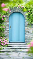 Secret Garden's Entrance: A captivating image of a light blue door framed by a stone archway, enveloped by a tapestry of lush greenery and delicate flowers.