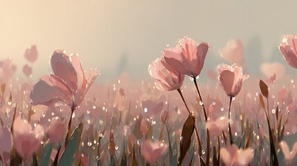 Close up of pink tulips in a sunny field soft focus serene natural background