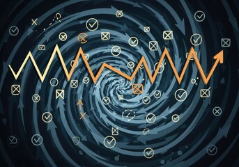 A jagged orange line graph charts a volatile course through a swirling vortex of arrows and checkmarks, symbolizing market fluctuations and decisionmaking