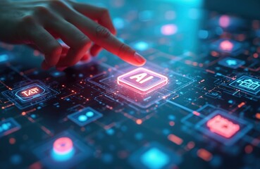 Finger presses AI button on futuristic digital interface with glowing icons, circuits. Hand interacts with modern technology, activating artificial intelligence. Neon lights illuminate circuit board,