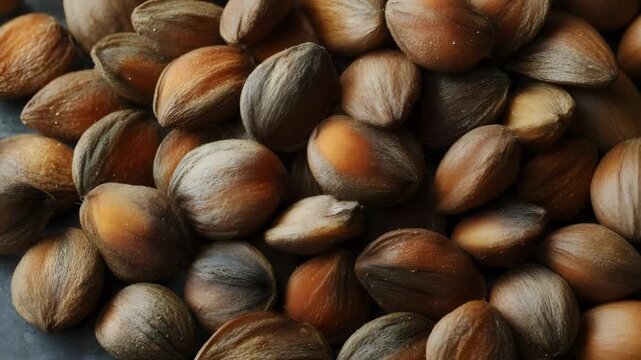 A heap of hazelnuts in their brown shells.