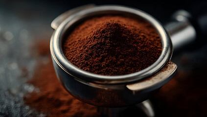 Richly ground coffee sits in a metal portafilter, showcasing its fine texture and deep aroma, ready for brewing.