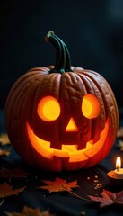 Obraz premium Intricate pumpkin carving, eerie smile, candlelit glow, grin, halloween decorations, jack o lantern