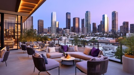 Rooftop Oasis in the City: A modern rooftop terrace offers a stunning panorama of the city skyline, where architectural marvels reach for the clouds. Comfortable seating invites relaxation.