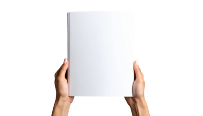 Female hands holding blank magazine gray background design template. Mockup image