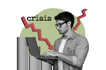 Composite photo collage of serious businessman freelancer type laptop coin stack arrow decline recession isolated on painted background