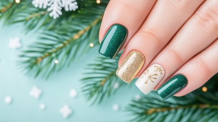 Festive Nail Art: A close-up showcases a hand adorned with festive nail art, featuring a combination of deep green, gold and winter-themed accents, celebrating the holiday spirit.