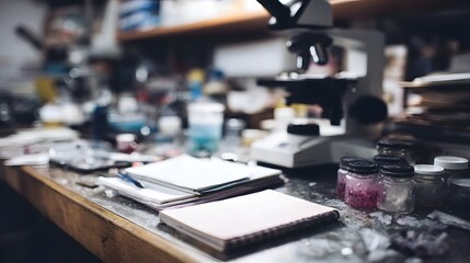 A cluttered laboratory bench features a microscope notebooks and glass jars with colorful substances evoking a sense of scientific research