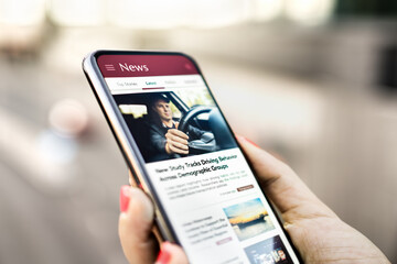 News and press. Phone with article release and headlines. Reading newspaper online. Latest media. Mockup digital website in smartphone. Woman with cellphone outside in city.