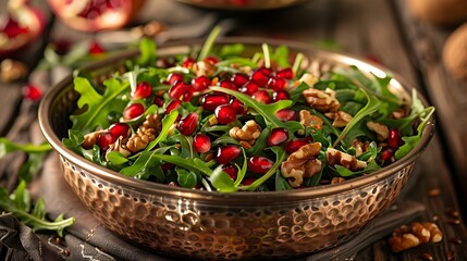 A bowl of arugula salad with pomegranate seeds and walnuts on a wooden surface in soft lighting