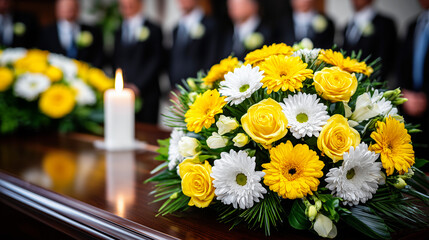 Funeral flowers on casket with mourners in background during memorial ceremony