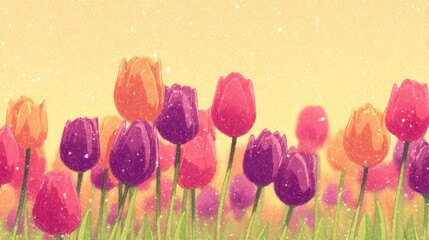 Close up of vibrant tulips in full bloom against a soft yellow background with bokeh