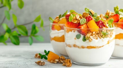 Obraz premium Refreshing Summer Parfaits: Delightful summer parfaits, layered with creamy yogurt, juicy fruits, and crunchy granola, a light and refreshing treat. 