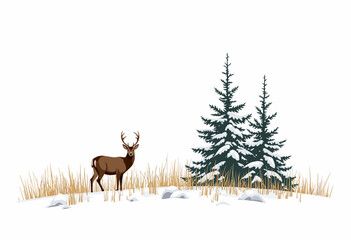Obraz premium Illustration of a solitary deer standing on a snowy hill beside two snow-covered pine trees amidst dry winter grass