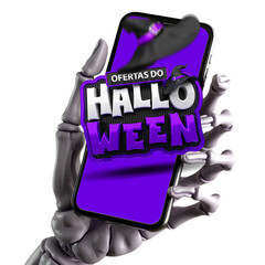 3D Halloween Sale Design with Skeleton Hand Holding Smartphone and Glowing Purple Theme for Spooky Offers