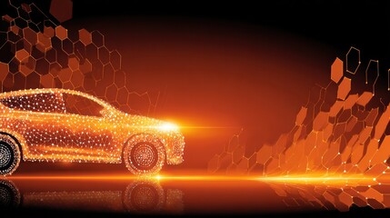 Digital rendering of a futuristic car with illuminated details against an abstract background