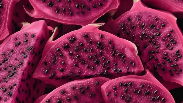 Sliced pink dragon fruit with black seeds.