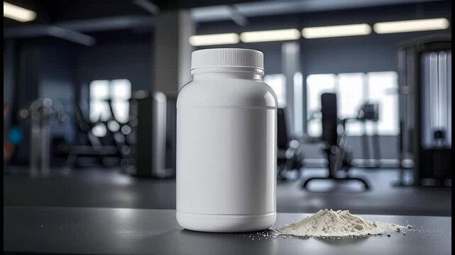 A close up shot of a blank, white supplement bottle and a pile of white powder (protein or creatine) on a dark surface in a modern, blurry gym background.