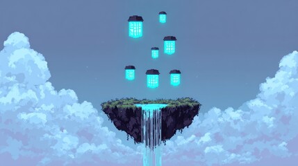 Pixelated fantasy landscape floating island with waterfalls and glowing lanterns