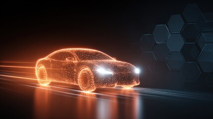 Abstract illustration of futuristic electric car on a dark background with light trails