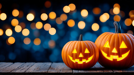 Fototapeta premium Banner with glowing halloween pumpkins on dark background with bokeh lights and copy space