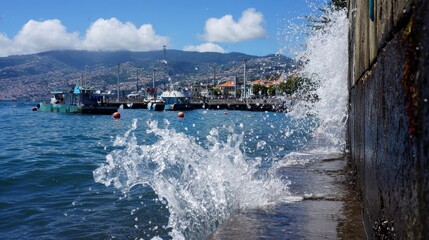 Splashing water hitting the pier on a sunny day in Madeira, capturing dynamic waves, bright sunlight reflections, summer coastal atmosphere, seaside movement, and travel vacation concept