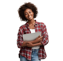 a beautiful, smiling black female student wearing a flannel shirt and jeans, holding a laptop, on a transparent