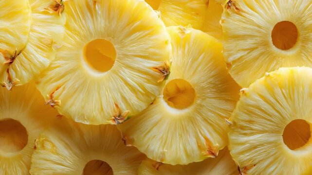 Close-up of pineapple rings with centers removed, bright yellow slices overlapping in a pile.