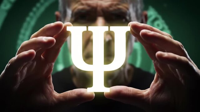 Man holding glowing Psi symbol representing psychology and mental health.