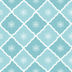 Checkered seamless pattern with snowflakes. Cute winter rhombus texture in vintage style on blue background. Vector illustration for textile or wrapping paper