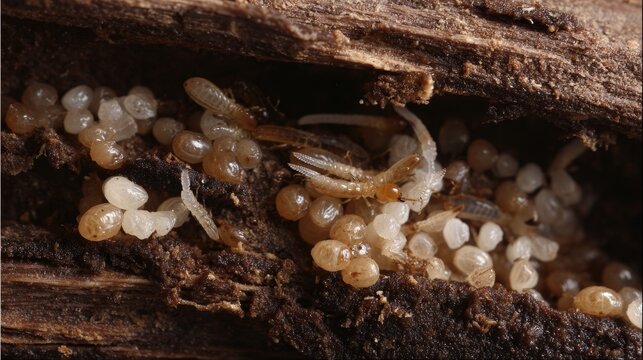 Close-up of termite colony reproduction with translucent larvae and eggs developing on dark decomposed wood, showing insect pest life cycle, infestation, and ecological detail in natural habitat