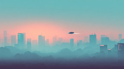 Abstract illustration of a futuristic city with a flying object during sunrise or sunset
