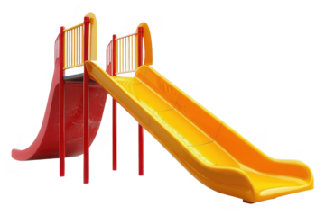 A red and yellow playground slide set on transparent background